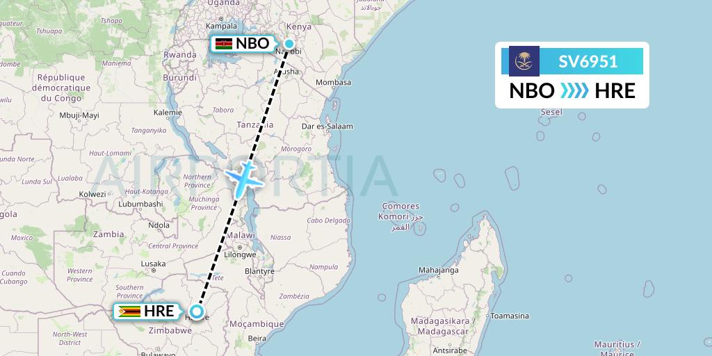 SV6951 Saudi Arabian Airlines Flight Map: Nairobi to Harare