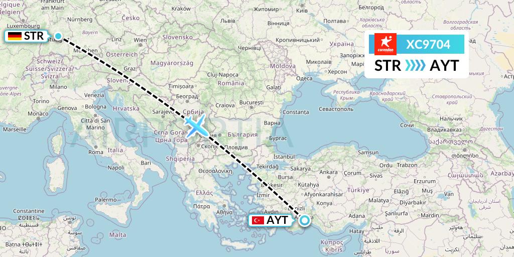 XC9704 Corendon Airlines Flight Map: Stuttgart to Antalya