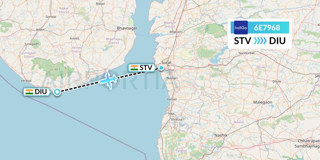 6E7968 IndiGo Airlines Flight Map: Surat to Diu