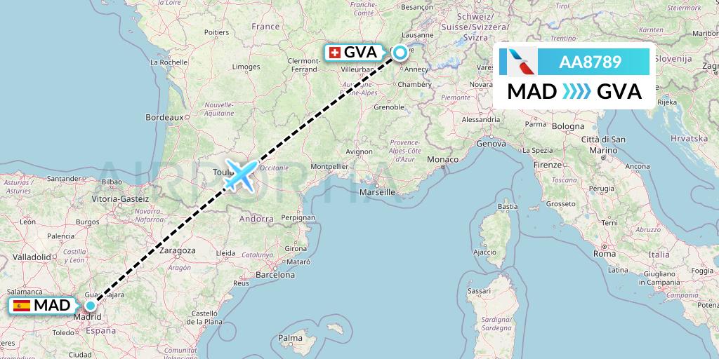 AA8789 American Airlines Flight Map: Madrid to Geneva
