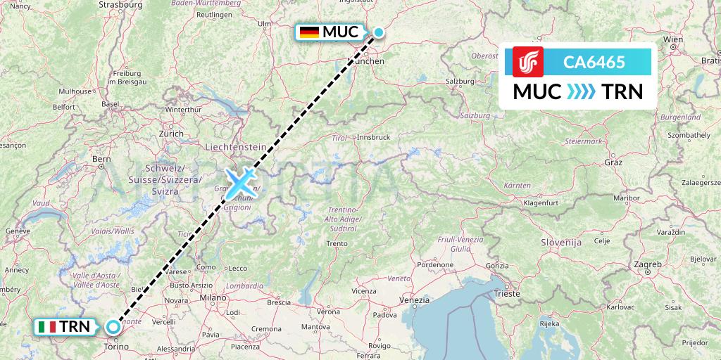 CA6465 Air China Flight Map: Munich to Turin
