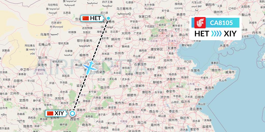 CA8105 Air China Flight Map: Hohhot to Xi'an