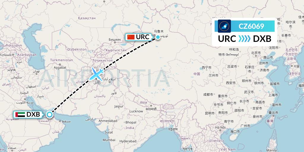 CZ6069 China Southern Airlines Flight Map: Urumqi to Dubai