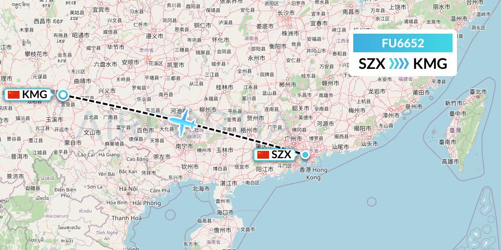 FU6652 Fuzhou Airlines Flight Map: Shenzhen to Kunming