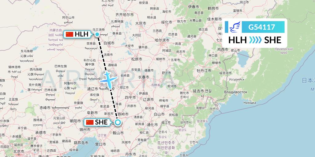 G54117 China Express Airlines Flight Map: Ulanhot to Shenyang