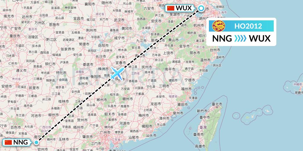 HO2012 Juneyao Airlines Flight Map: Nanning to Wuxi