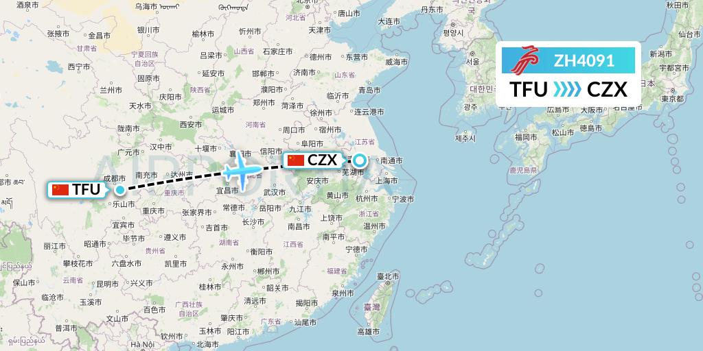ZH4091 Shenzhen Airlines Flight Map: Chengdu to Changzhou