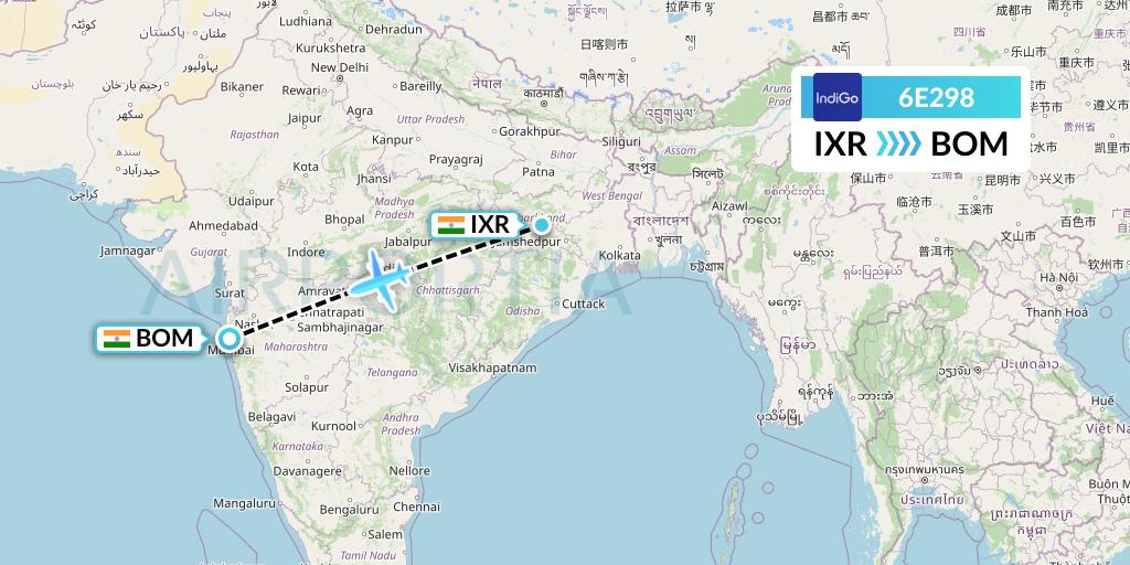 6E298 IndiGo Airlines Flight Map: Ranchi to Mumbai