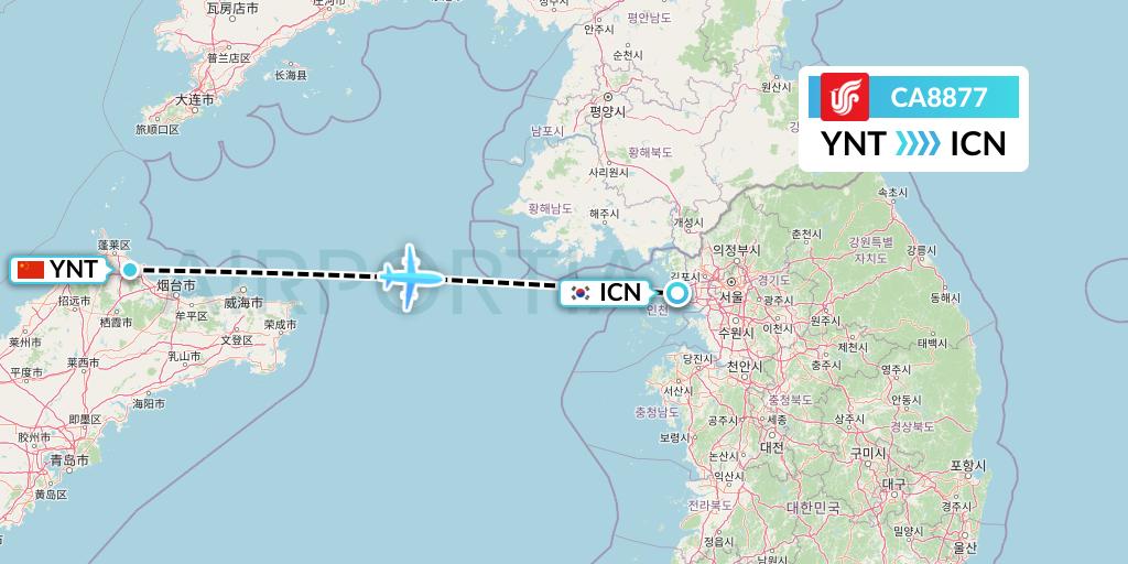 CA8877 Air China Flight Map: Yantai to Seoul