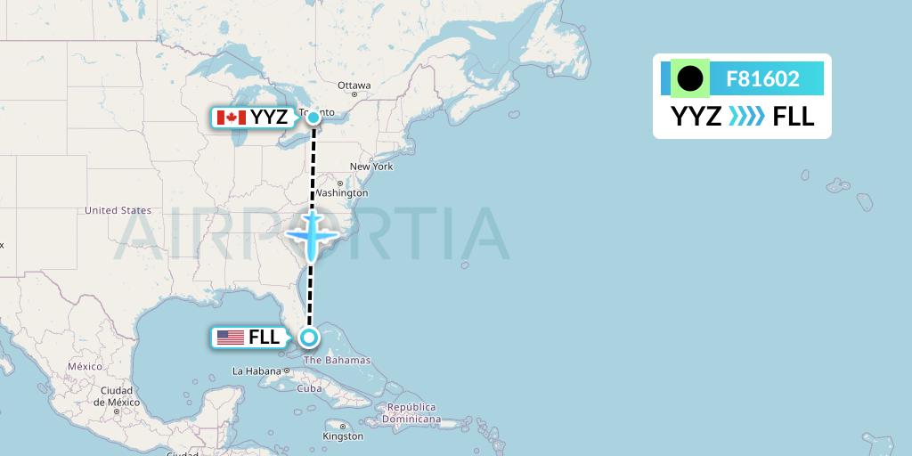 F81602 Flair Airlines Flight Map: Toronto to Fort Lauderdale