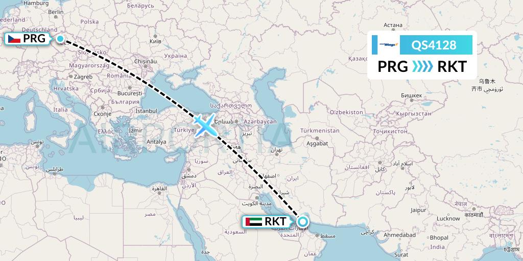 QS4128 Smartwings Flight Map: Prague to Ra'sal-Khaymah