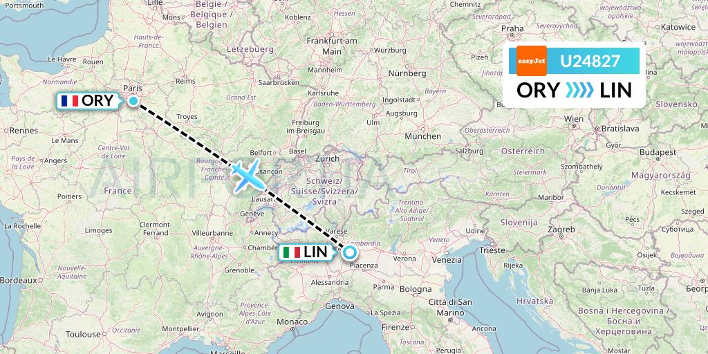 U24827 EasyJet Flight Map: Paris to Milan