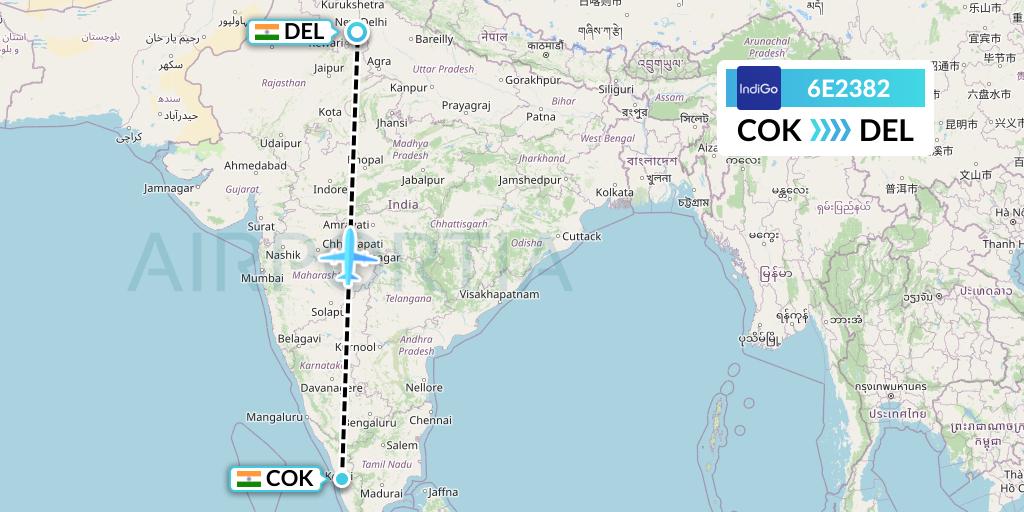 6E2382 IndiGo Airlines Flight Map: Cochin to Delhi