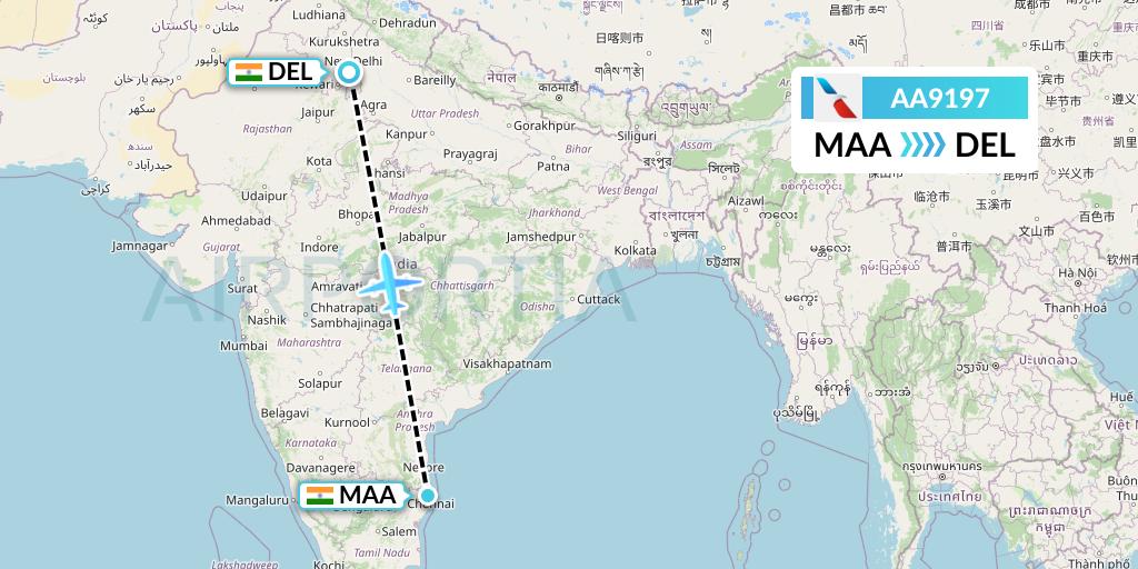 AA9197 American Airlines Flight Map: Chennai to Delhi