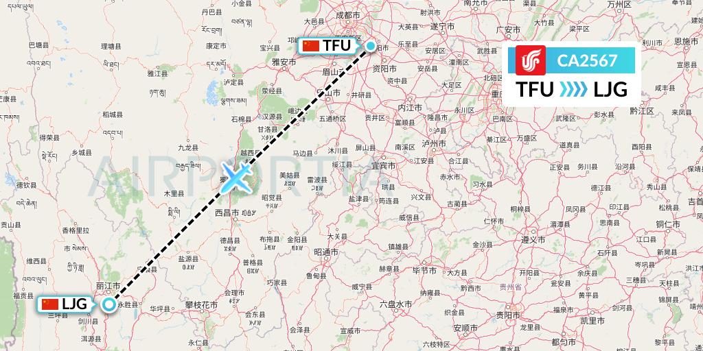 CA2567 Air China Flight Map: Chengdu to Lijiang