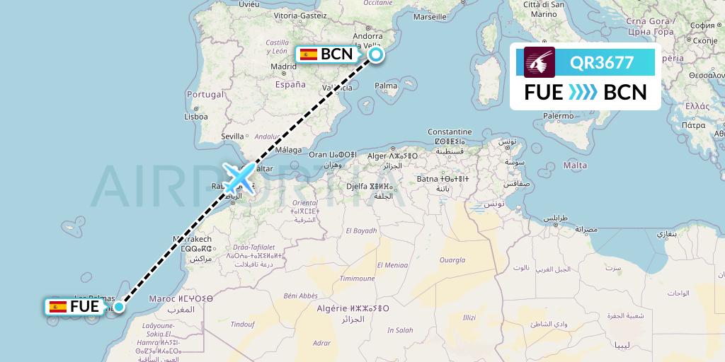 QR3677 Qatar Airways Flight Map: Fuerteventura to Barcelona