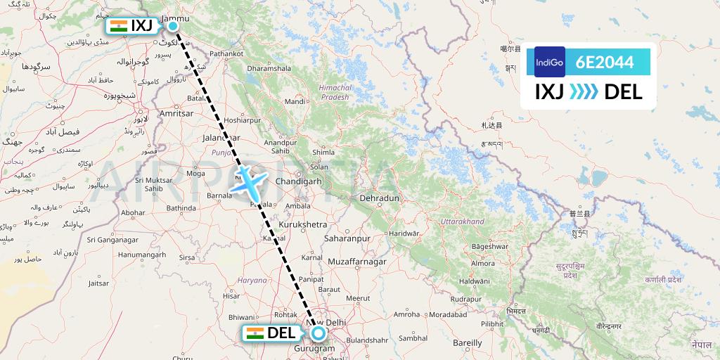 6E2044 IndiGo Airlines Flight Map: Jammu to Delhi