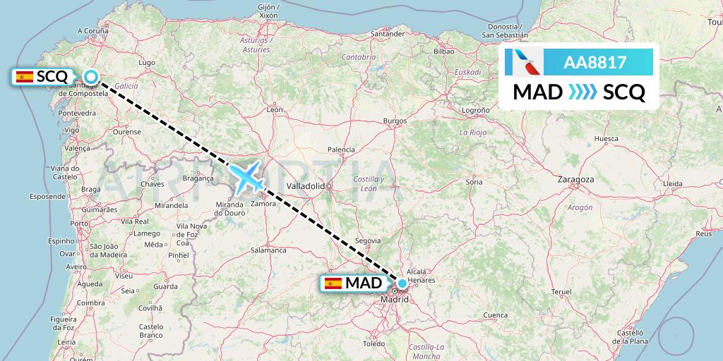 AA8817 American Airlines Flight Map: Madrid to Santiago