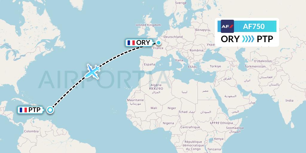 AF750 Air France Flight Map: Paris to Pointe-a-Pitre