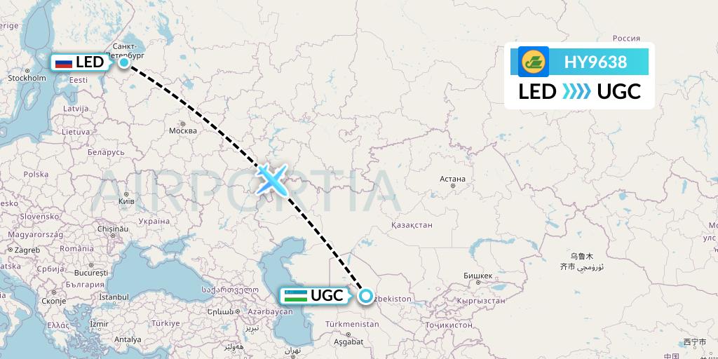 HY9638 Uzbekistan Airways Flight Map: St. Petersburg to Urgench