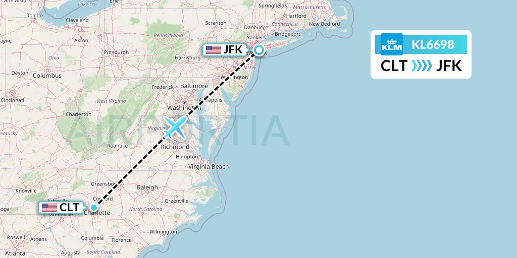 KL6698 KLM Flight Map: Charlotte to New York