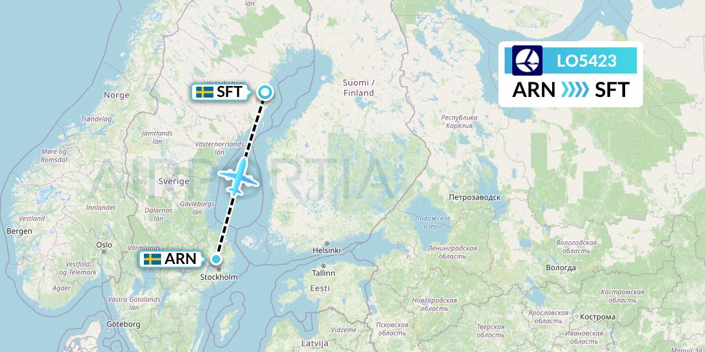 LO5423 LOT Flight Map: Stockholm to Skelleftea