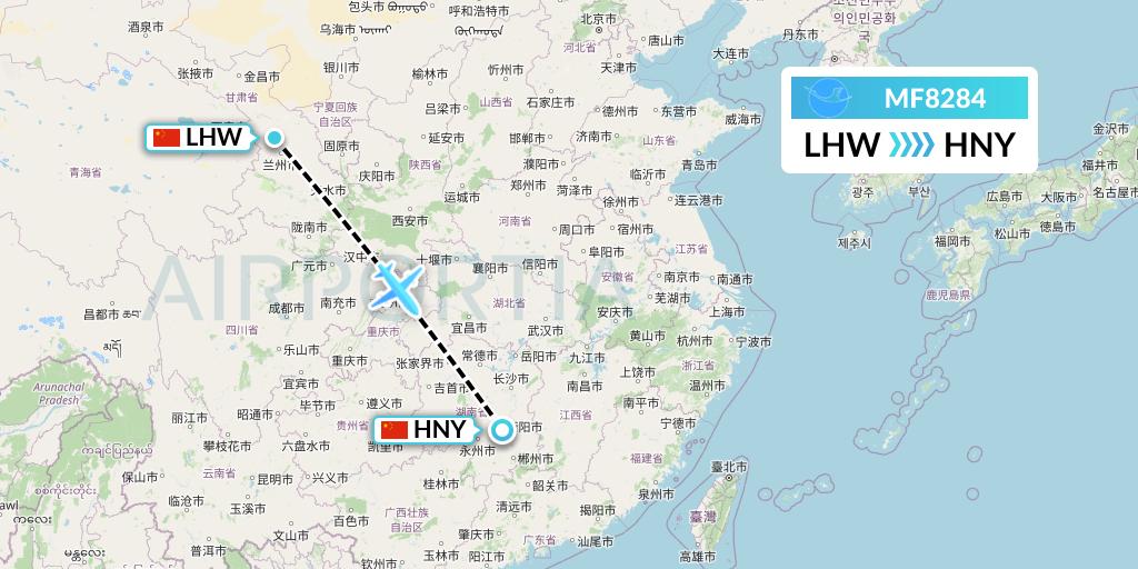MF8284 Xiamen Airlines Flight Map: Lanzhou to Hengyang