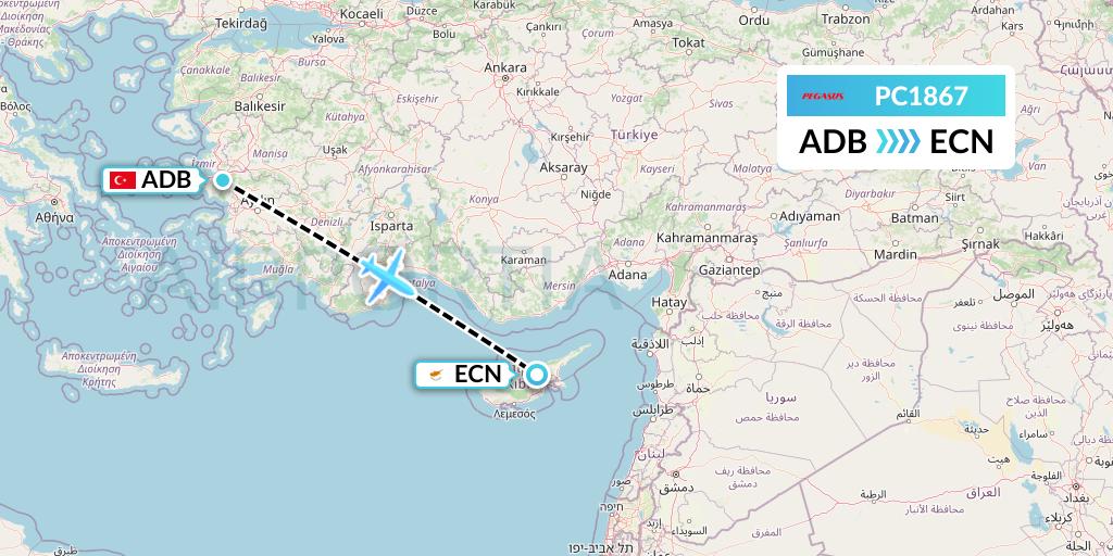 PC1867 Pegasus Airlines Flight Map: Izmir to Tymvou