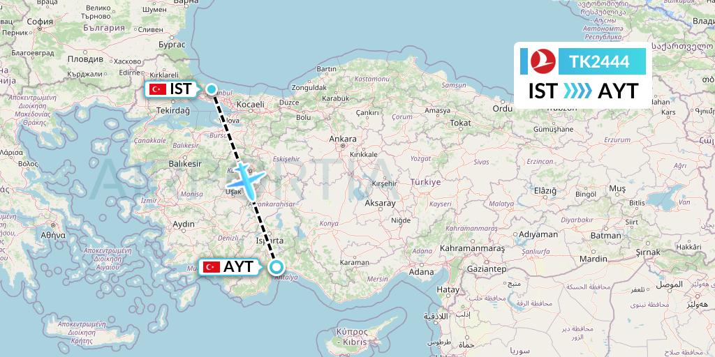 TK2444 Turkish Airlines Flight Map: Istanbul to Antalya