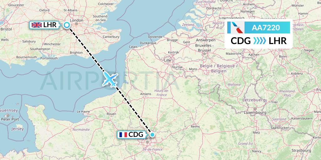 AA7220 American Airlines Flight Map: Paris to London