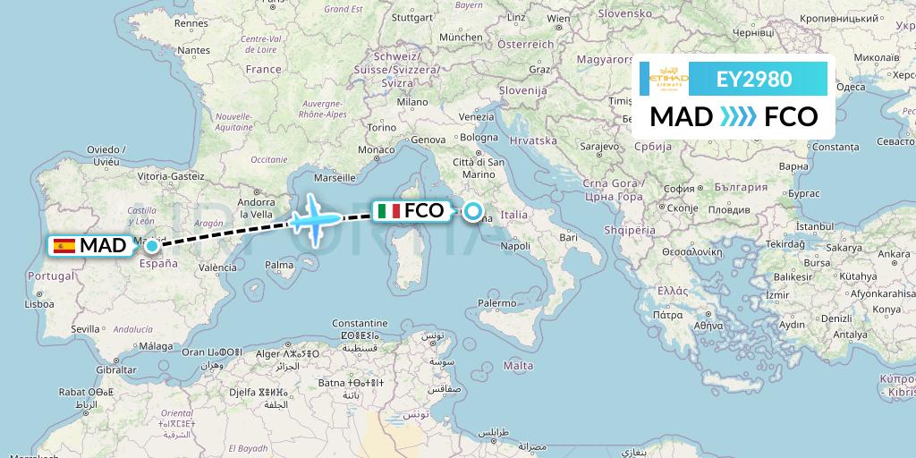 EY2980 Etihad Airways Flight Map: Madrid to Rome