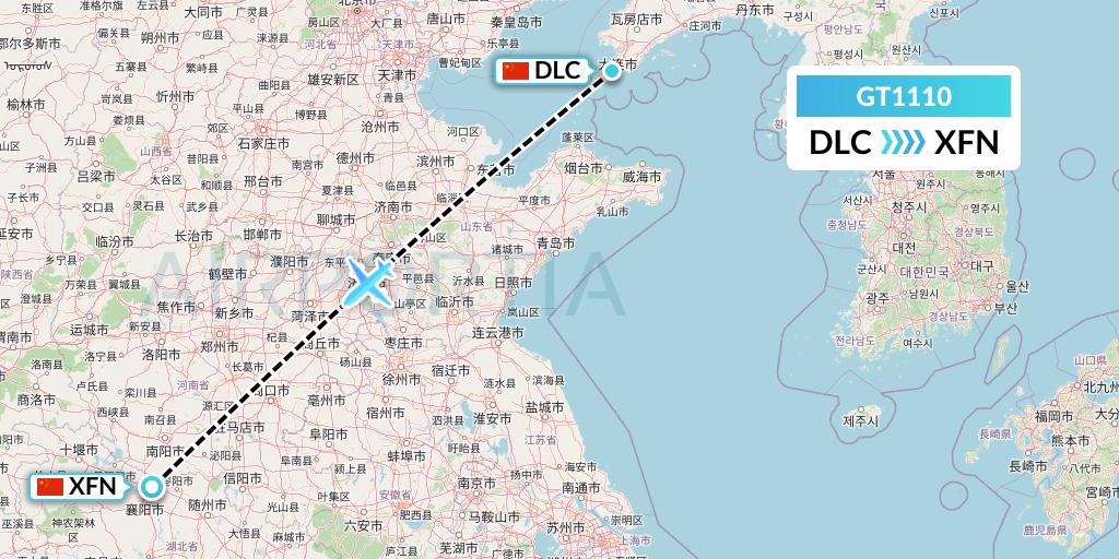GT1110 Air Guilin Flight Map: Dalian to Xiangyang