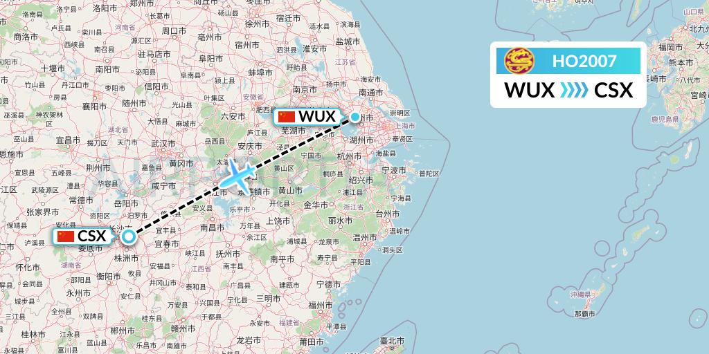 HO2007 Juneyao Airlines Flight Map: Wuxi to Changsha