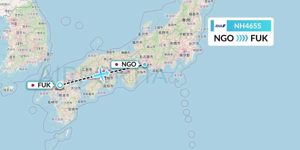 NH4655 All Nippon Airways Flight Map: Nagoya to Fukuoka