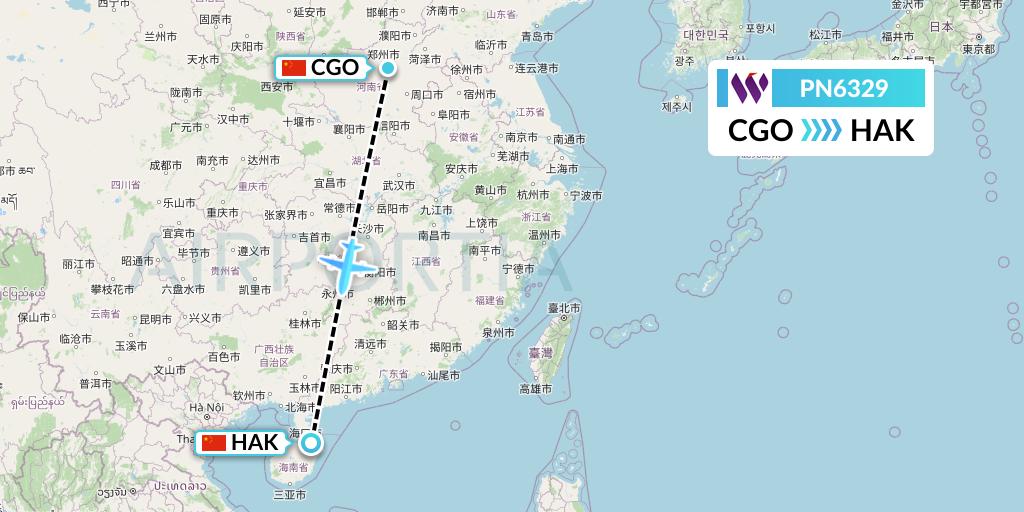 PN6329 China West Air Flight Map: Zhengzhou to Haikou