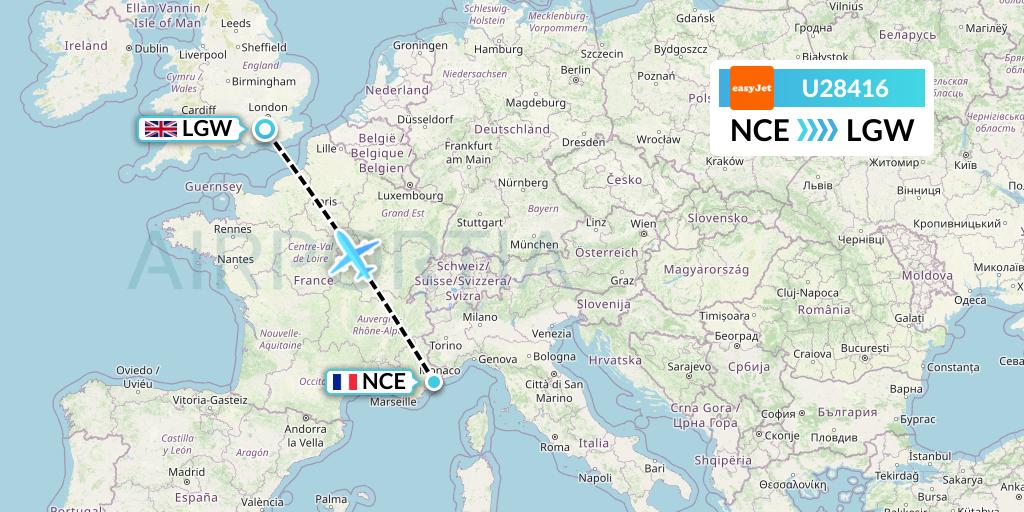 U28416 EasyJet Flight Map: Nice to London