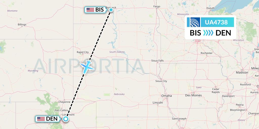 UA4738 United Airlines Flight Map: Bismarck to Denver