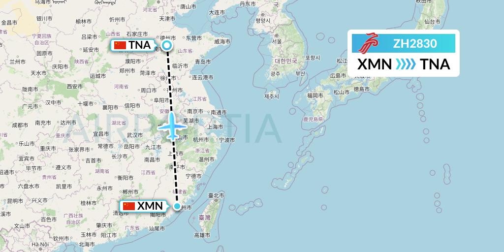 ZH2830 Shenzhen Airlines Flight Map: Xiamen to Jinan