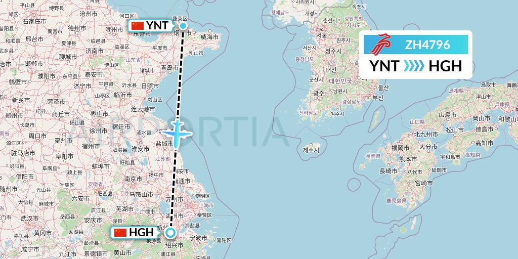 ZH4796 Shenzhen Airlines Flight Map: Yantai to Hangzhou