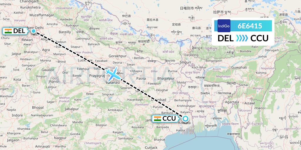 6E6415 IndiGo Airlines Flight Map: Delhi to Kolkata