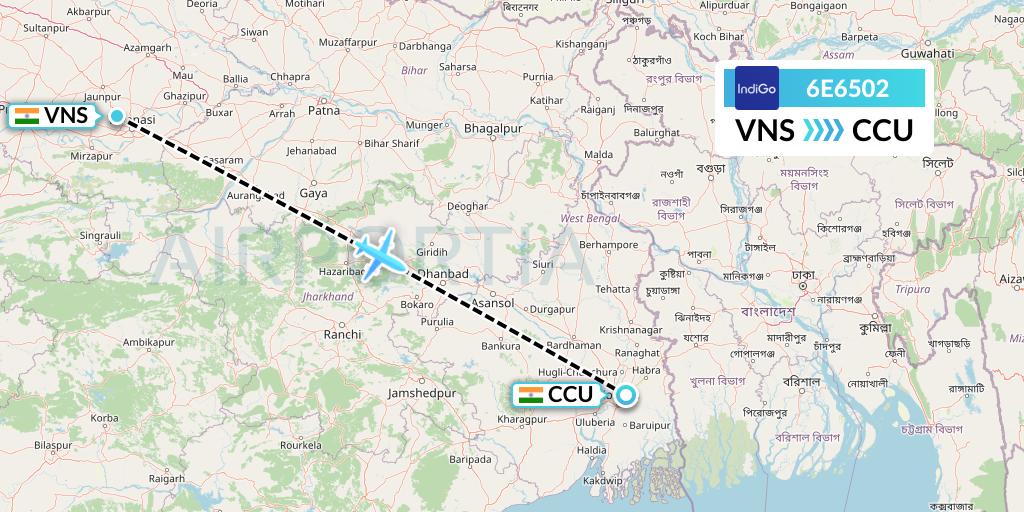 6E6502 IndiGo Airlines Flight Map: Varanasi to Kolkata