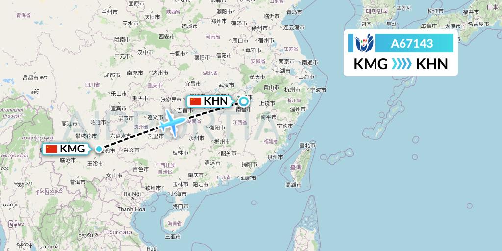 A67143 Hongtu Airlines Flight Map: Kunming to Nanchang