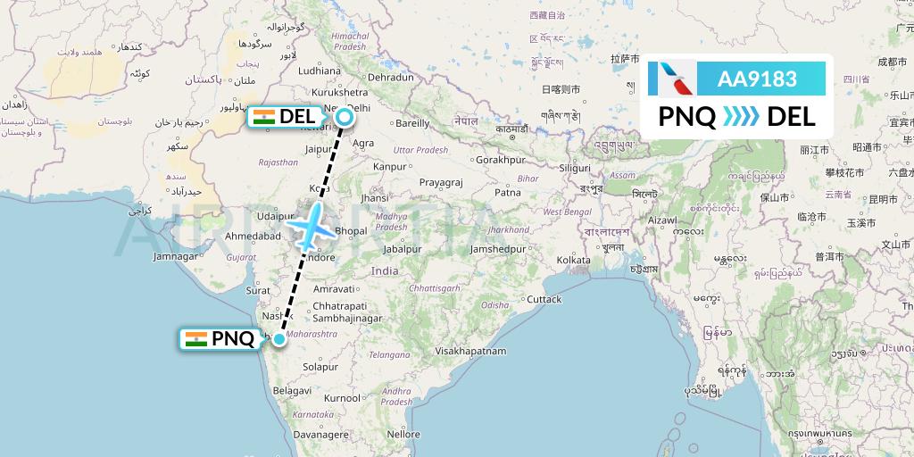 AA9183 American Airlines Flight Map: Pune to Delhi
