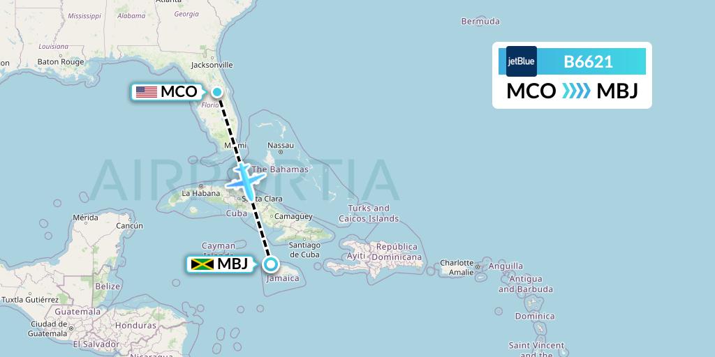 B6621 JetBlue Airways Flight Map: Orlando to Montego Bay