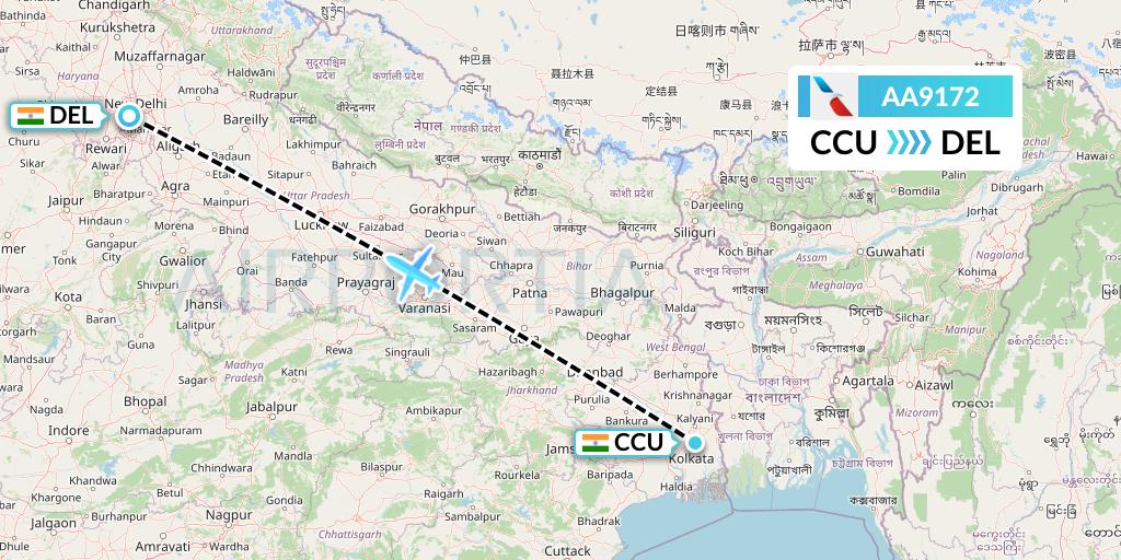 AA9172 American Airlines Flight Map: Kolkata to Delhi