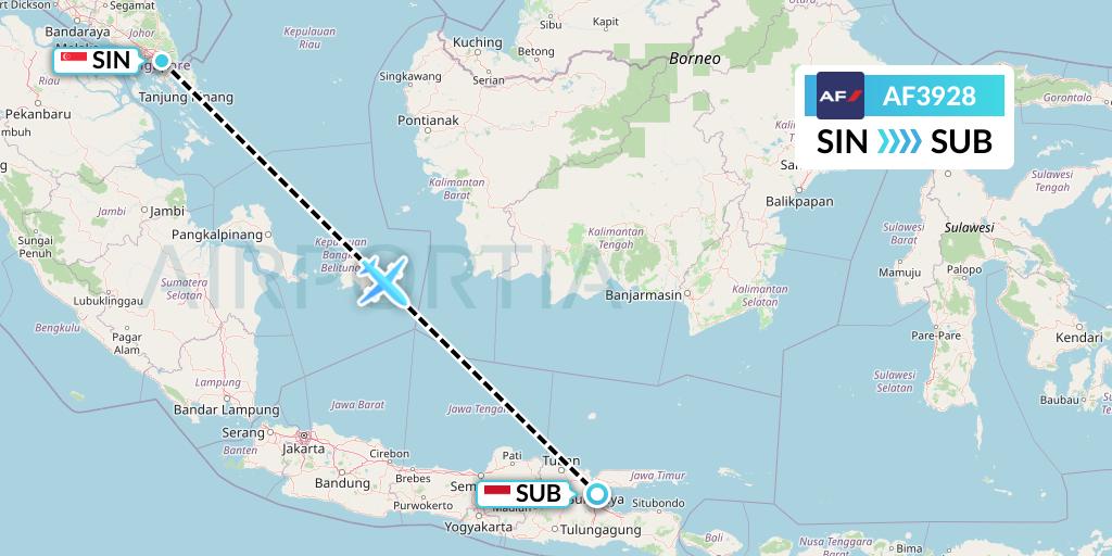 AF3928 Air France Flight Map: Singapore to Surabaya