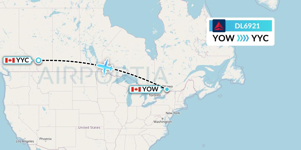 DL6921 Delta Air Lines Flight Map: Ottawa to Calgary