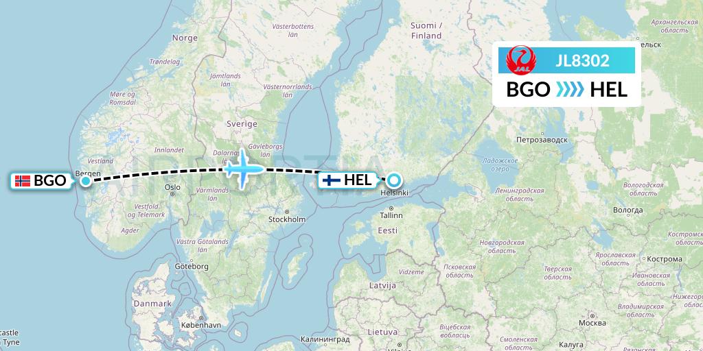 JL8302 Japan Airlines Flight Map: Bergen to Helsinki
