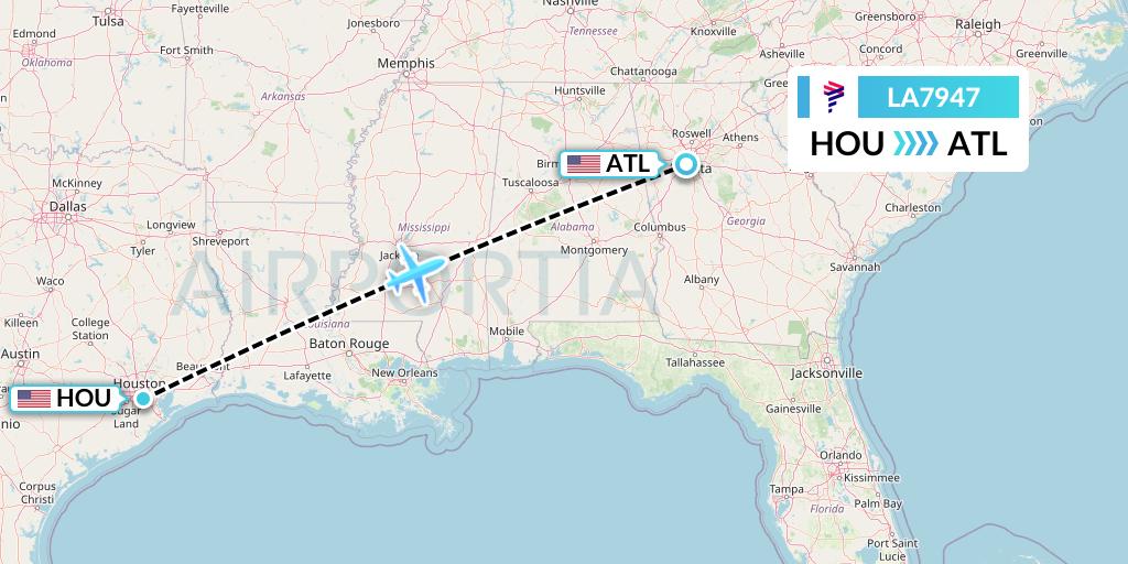 LA7947 LAN Airlines Flight Map: Houston to Atlanta