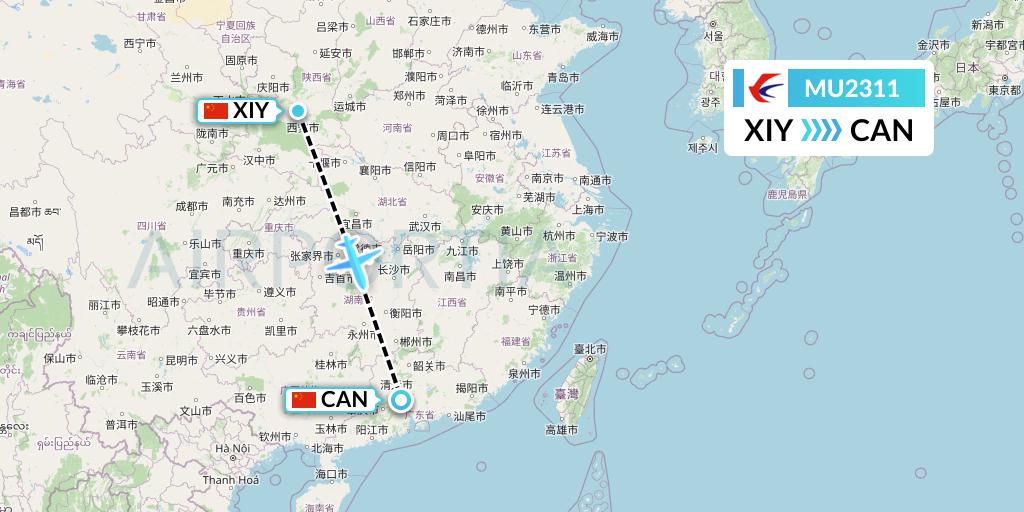 MU2311 China Eastern Airlines Flight Map: Xi'an to Guangzhou